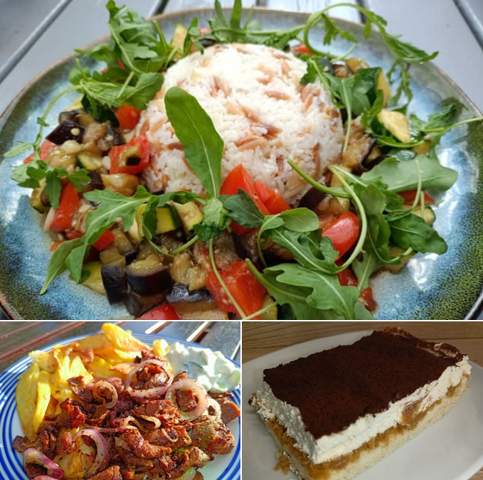 Lupinen-Döner Teller, Mediterranes Balsamico-Gemüse, Apfeltiramisu