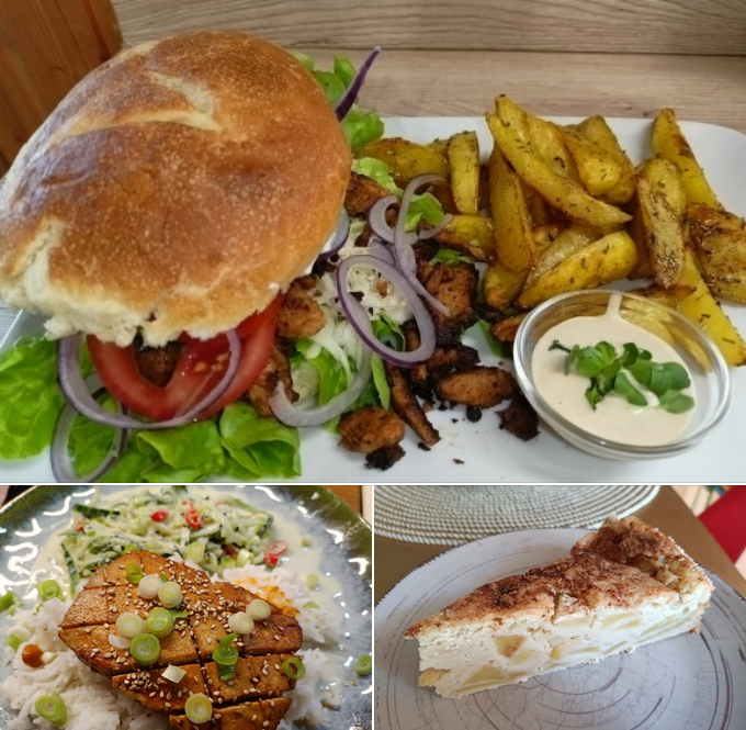 Gyrosburger, Glazed-Tofu, Saftiger Apfelkuchen
