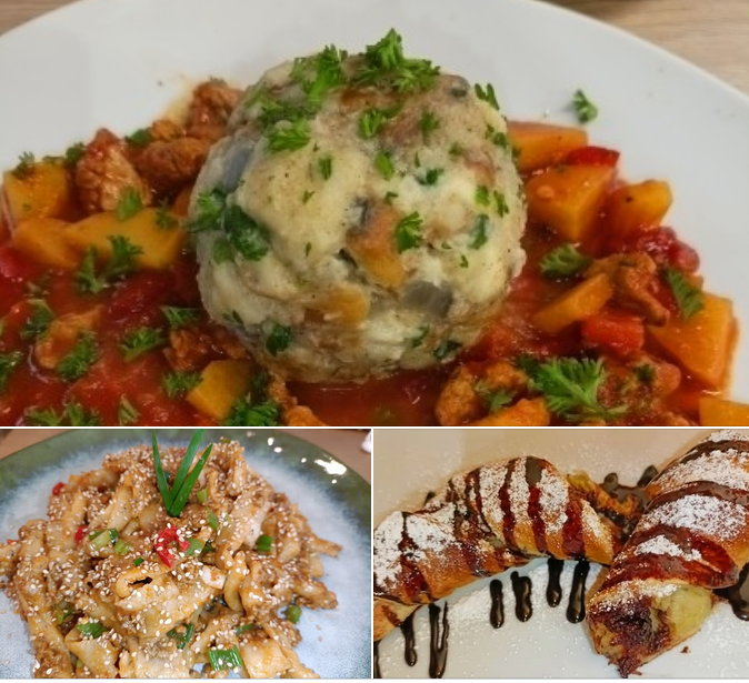 Szegediner Gulasch an Semmelknödel, Dinkel-Nudeln, Schoko-Banane im Knusperteigmantel