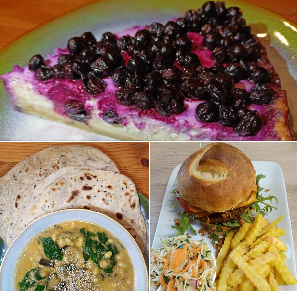 Weiße Bohnen Curry mit Naanbrot, Smashed Tofu-Cheeze-Burger, Blueberry Cheeze Cake