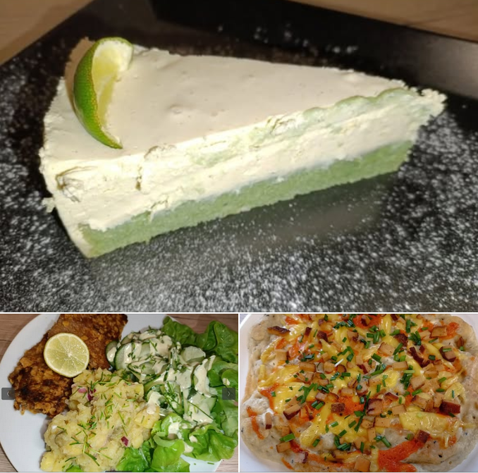 Hausgemachtes Sojaschnitzel Wiener Art, Kartoffelsalat, Gurken; Pfannenpizza Langos Art, Greeny Lemon Tarte